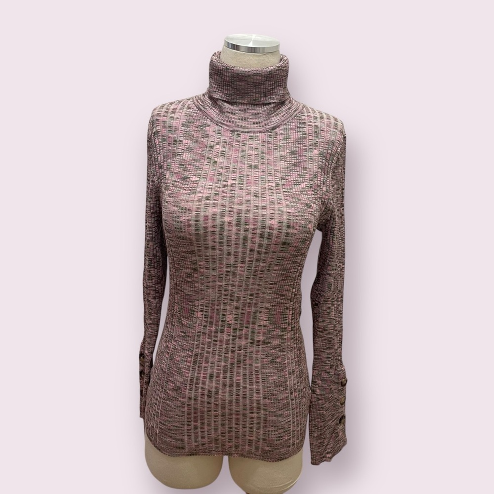 Anthropologie Button Sleeve Turtleneck Spacedye Ribbed Sweater